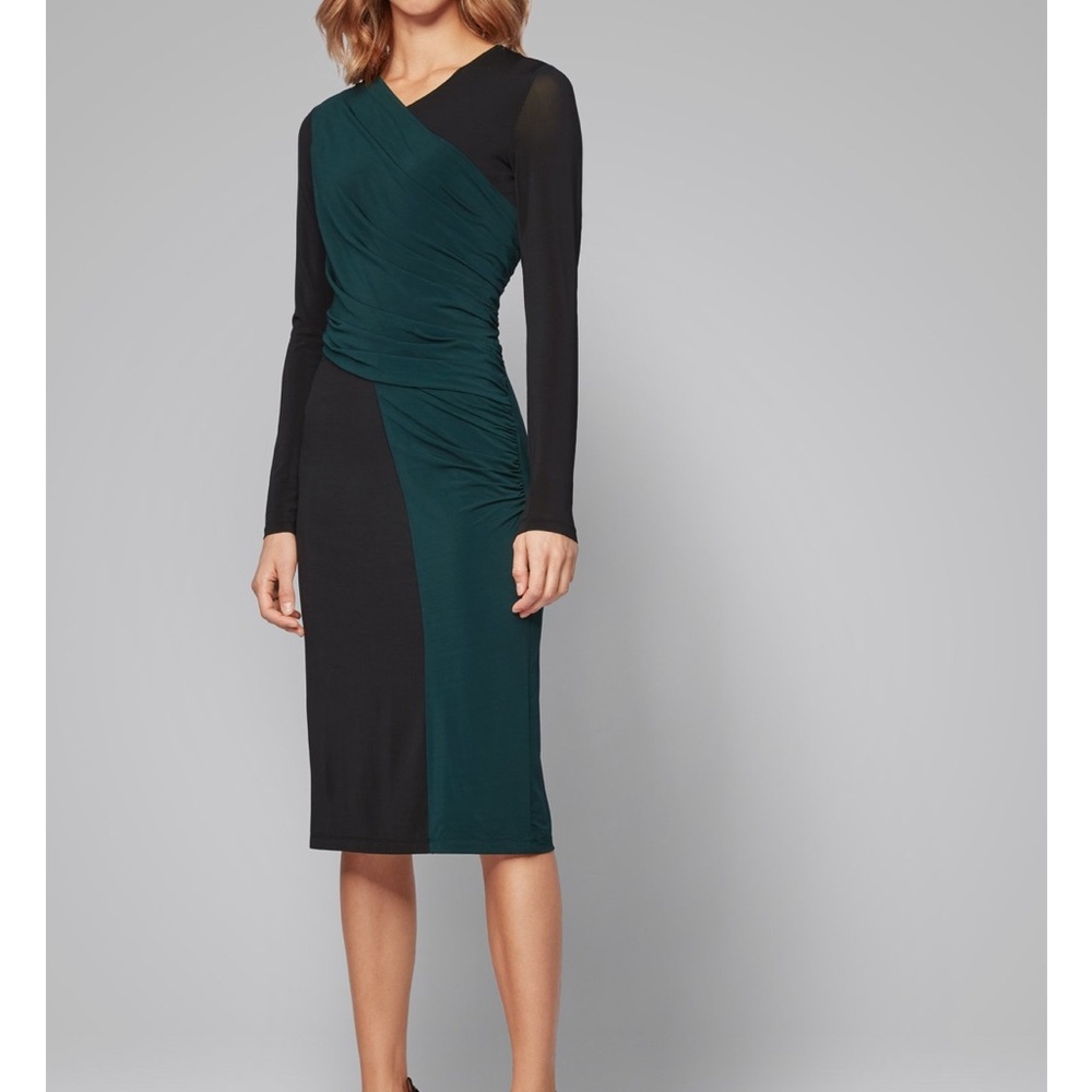 Hugo Boss Green and Black Long Sleeve Sheath Dress